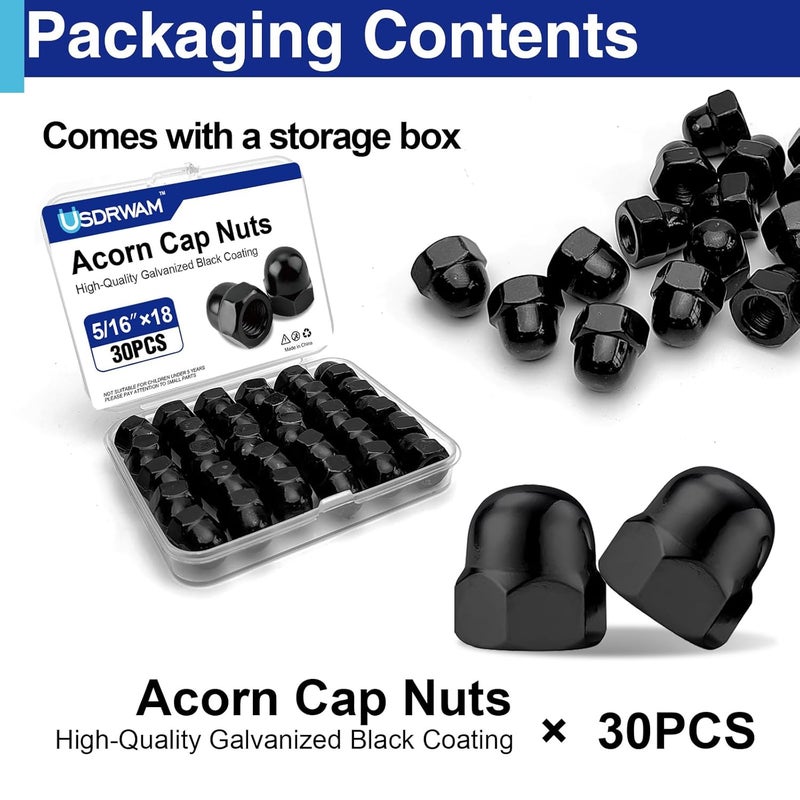 Usdrwam 30Pcs 5/16"-18 Acorn Cap Nuts, Zinc Plating-Black Hex Head Acorn Cap Nuts, Stainless Steel 18-8 (304) Hexagon Dome for Indoor Outdoor - Image 3